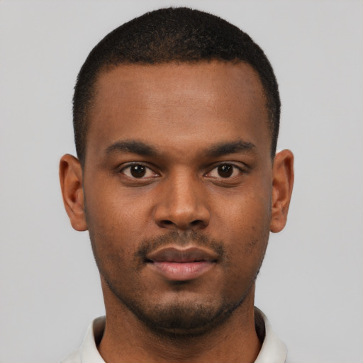 Neutral black young-adult male with short  black hair and brown eyes