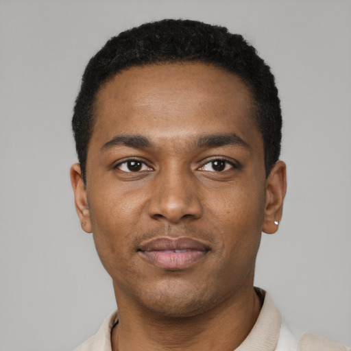 Neutral black young-adult male with short  black hair and brown eyes