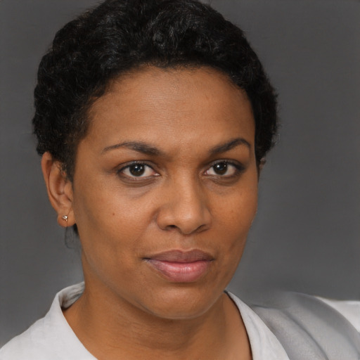 Joyful black adult female with short  brown hair and brown eyes