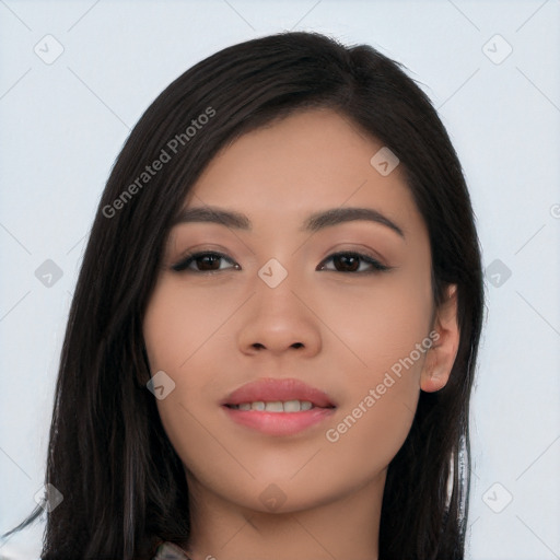 Joyful asian young-adult female with long  black hair and brown eyes