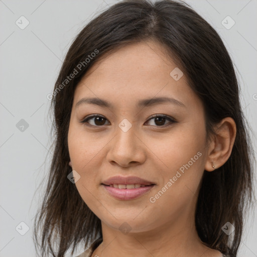 Joyful white young-adult female with medium  brown hair and brown eyes