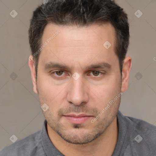 Neutral white adult male with short  brown hair and brown eyes