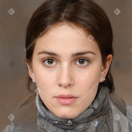 Neutral white young-adult female with medium  brown hair and brown eyes