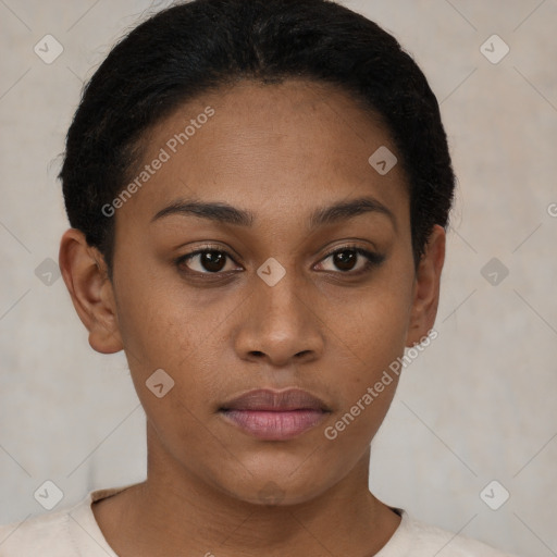 Neutral black young-adult female with short  brown hair and brown eyes