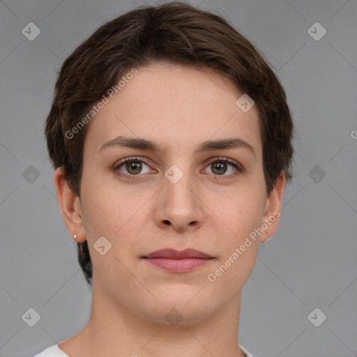 Neutral white young-adult female with short  brown hair and brown eyes