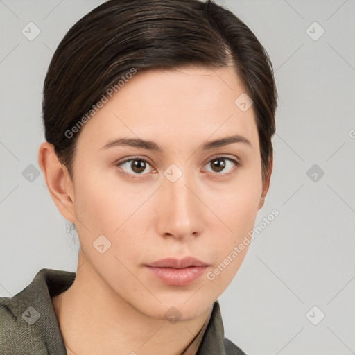 Neutral white young-adult female with short  brown hair and brown eyes