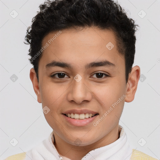 Joyful latino young-adult male with short  brown hair and brown eyes