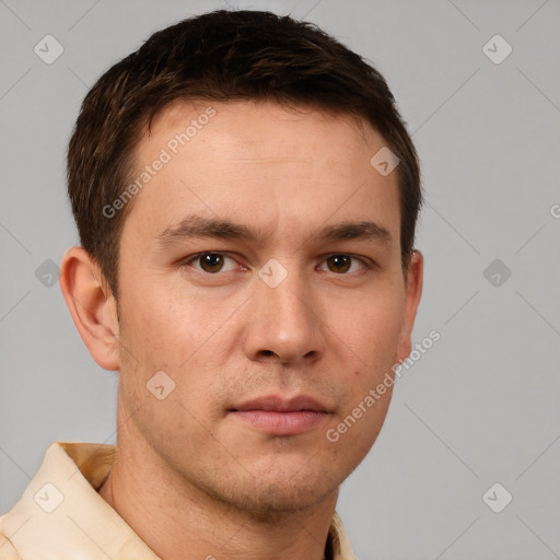 Neutral white young-adult male with short  brown hair and brown eyes