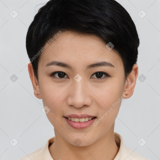 Joyful asian young-adult female with short  brown hair and brown eyes