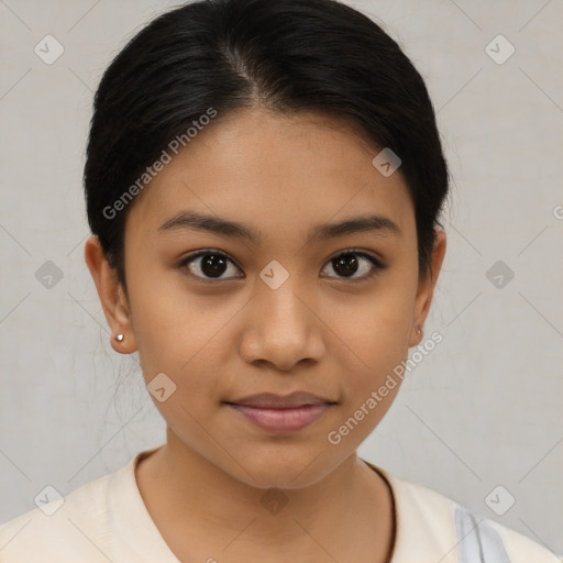 Joyful latino young-adult female with medium  brown hair and brown eyes