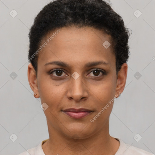 Joyful latino young-adult female with short  brown hair and brown eyes