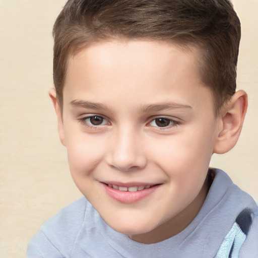 Joyful white child female with short  brown hair and brown eyes