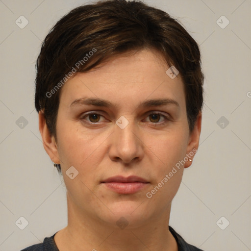 Neutral white young-adult female with short  brown hair and brown eyes