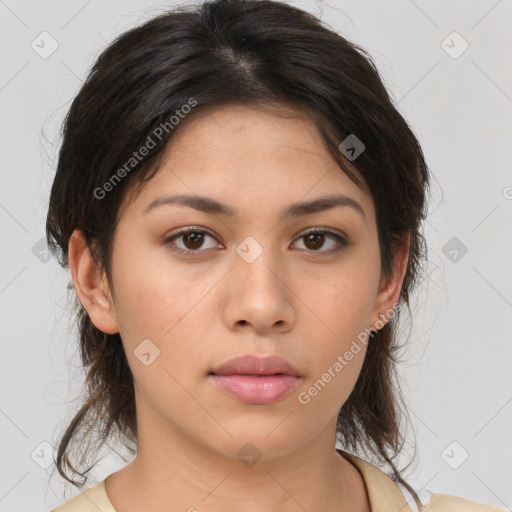 Neutral white young-adult female with medium  brown hair and brown eyes