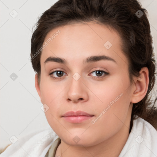 Neutral white young-adult female with medium  brown hair and brown eyes