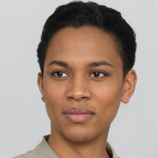 Neutral black young-adult female with short  black hair and brown eyes