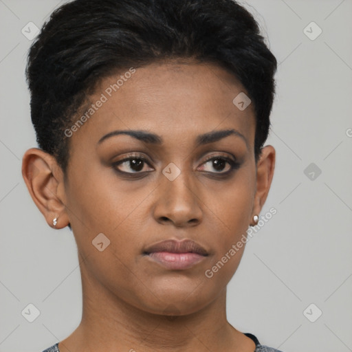 Neutral black young-adult female with short  brown hair and brown eyes