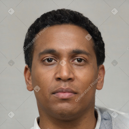Neutral black young-adult male with short  black hair and brown eyes