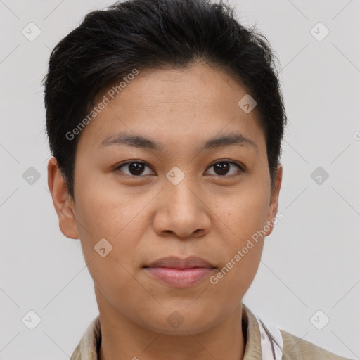 Joyful latino young-adult female with short  brown hair and brown eyes