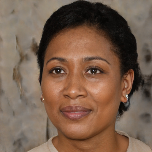 Joyful black adult female with short  brown hair and brown eyes