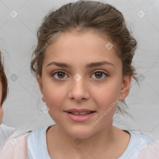 Joyful white child female with medium  brown hair and brown eyes