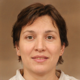 Joyful white adult female with short  brown hair and brown eyes