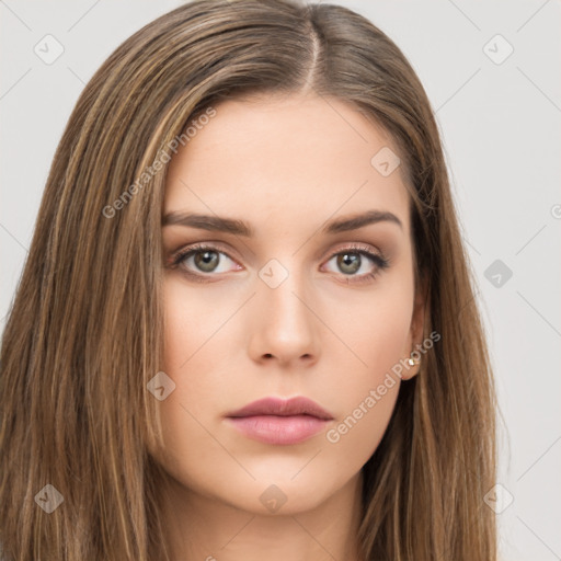 Neutral white young-adult female with long  brown hair and brown eyes