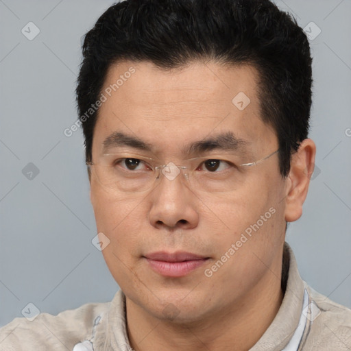 Joyful latino adult male with short  brown hair and brown eyes