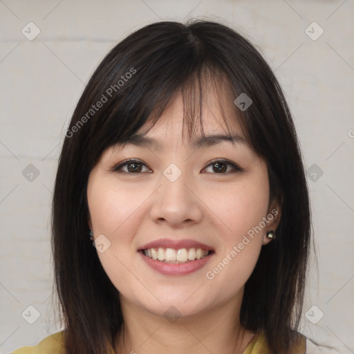 Joyful white young-adult female with medium  brown hair and brown eyes