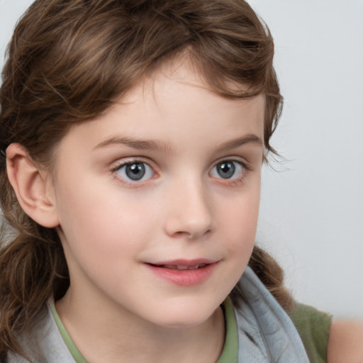 Joyful white child female with medium  brown hair and grey eyes