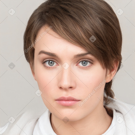 Neutral white young-adult female with medium  brown hair and grey eyes