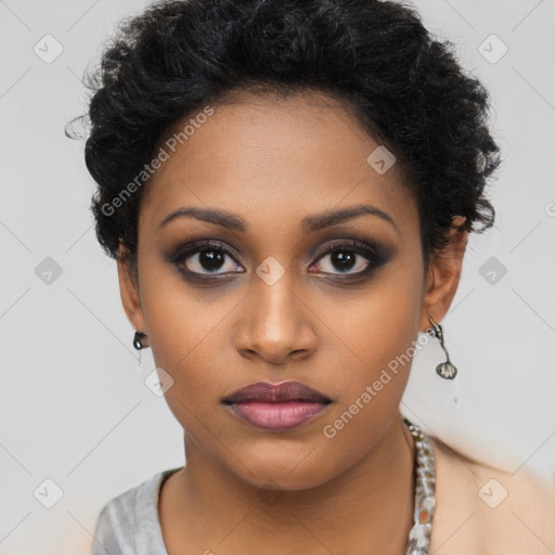 Neutral black young-adult female with short  black hair and brown eyes