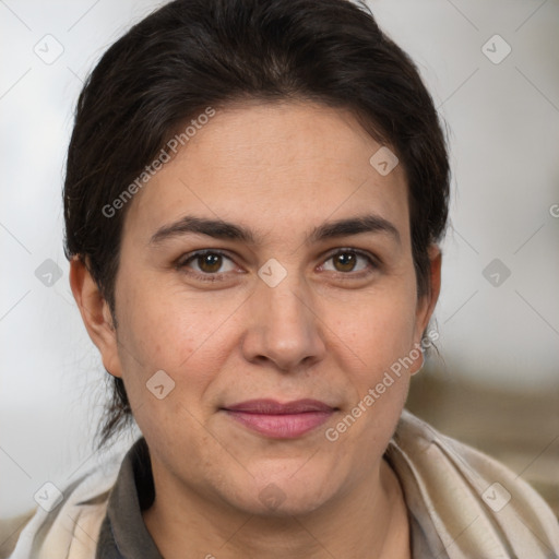 Joyful white adult female with medium  brown hair and brown eyes