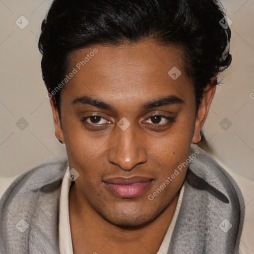 Joyful latino young-adult male with short  black hair and brown eyes