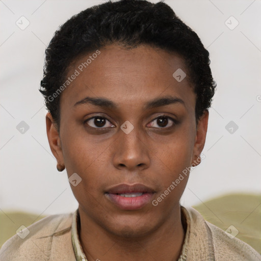 Neutral latino young-adult female with short  brown hair and brown eyes