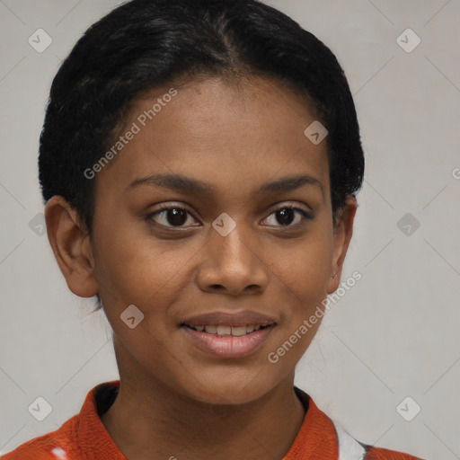 Joyful latino young-adult female with short  brown hair and brown eyes