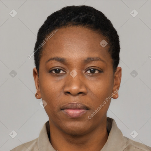 Neutral black young-adult female with short  black hair and brown eyes