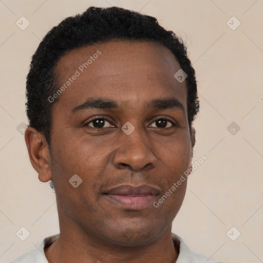Neutral black young-adult male with short  black hair and brown eyes