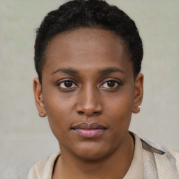 Neutral black young-adult female with short  brown hair and brown eyes