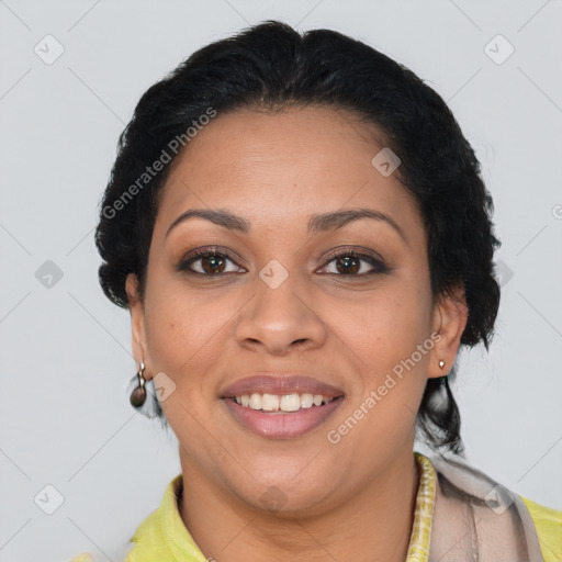 Joyful latino young-adult female with short  brown hair and brown eyes