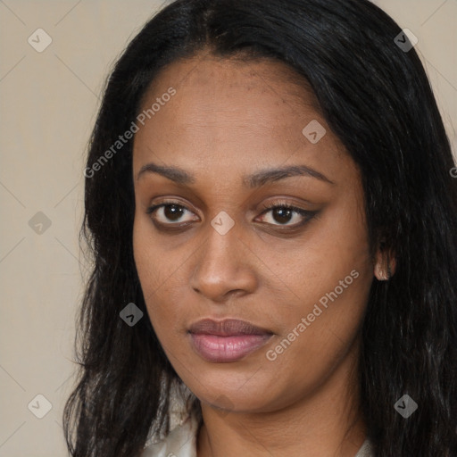 Neutral asian young-adult female with long  brown hair and brown eyes