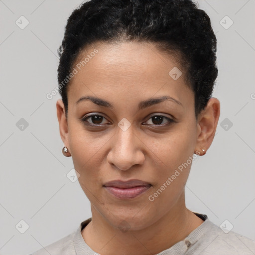 Joyful latino young-adult female with short  black hair and brown eyes