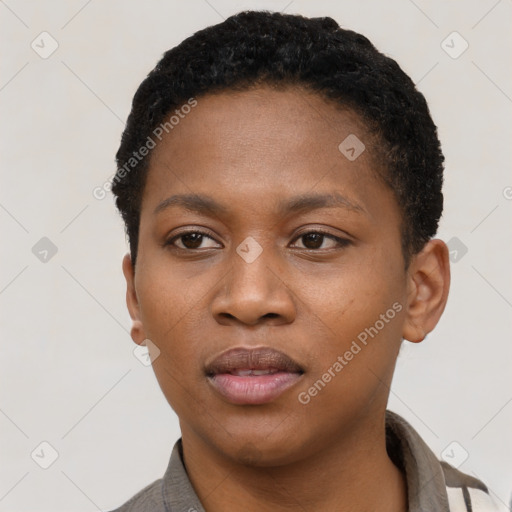 Neutral black young-adult female with short  black hair and brown eyes