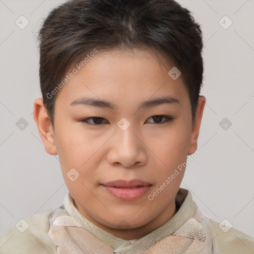 Joyful asian young-adult female with short  brown hair and brown eyes