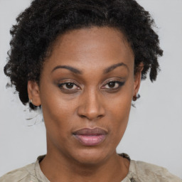 Neutral black adult female with short  brown hair and brown eyes