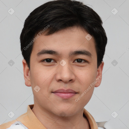 Joyful asian young-adult male with short  black hair and brown eyes