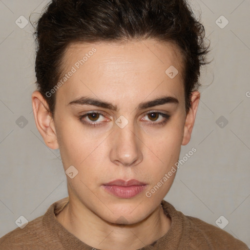 Neutral white young-adult female with short  brown hair and brown eyes