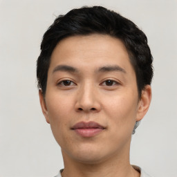 Neutral asian young-adult male with short  black hair and brown eyes