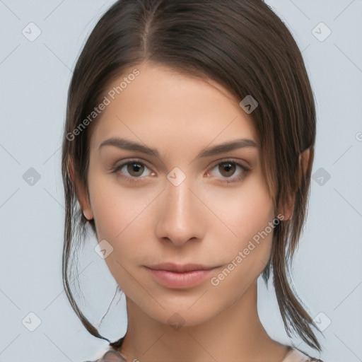 Neutral white young-adult female with medium  brown hair and brown eyes