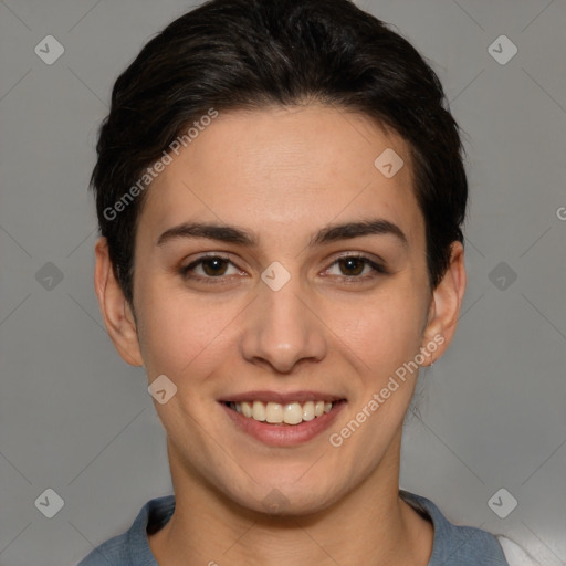 Joyful white young-adult female with short  brown hair and brown eyes